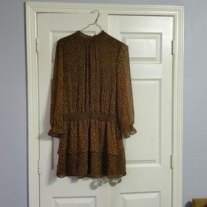 Cheetah Print Smocked Mock Neck Tiered Ruffle Mini Dress